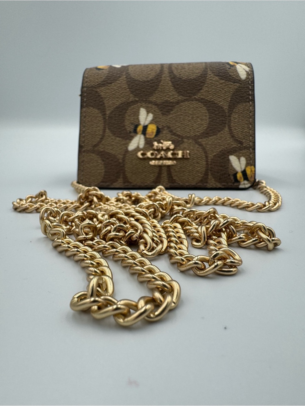 COACH Brown Signature Canvas Bee Mini Wallet with Gold Chain 💛🐝